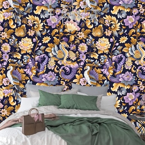 Carta da parati orientale con uccelli e fiori – Carta da parati cineseria di lusso / Carta da parati botanica da staccare e attaccare o incollare per soggiorno, corridoio o parete decorativa