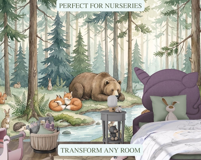 Watercolor Woodland Nursery Wallpaper, Forest Animal Mural, Bear and Deer Peel and Stick