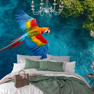 Carta da parati murale con pappagallo tropicale - Carta da parati murale con uccello della giungla con vista sull'oceano, decorazione esotica colorata, decorazione per camera da letto o soggiorno
