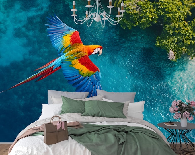 Tropical Parrot Wallpaper Mural – Ocean View Jungle Bird Peel & Stick Wall Art, Colorful Exotic Decor, Bedroom or Living Room Accent