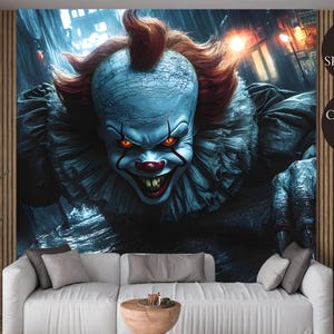 Decorazione di Halloween con pagliaccio inquietante, carta da parati murale con adesivo Penny Wise, stacca e attacca per gli amanti dell&#39;horror, sala cinema o decorazioni per feste