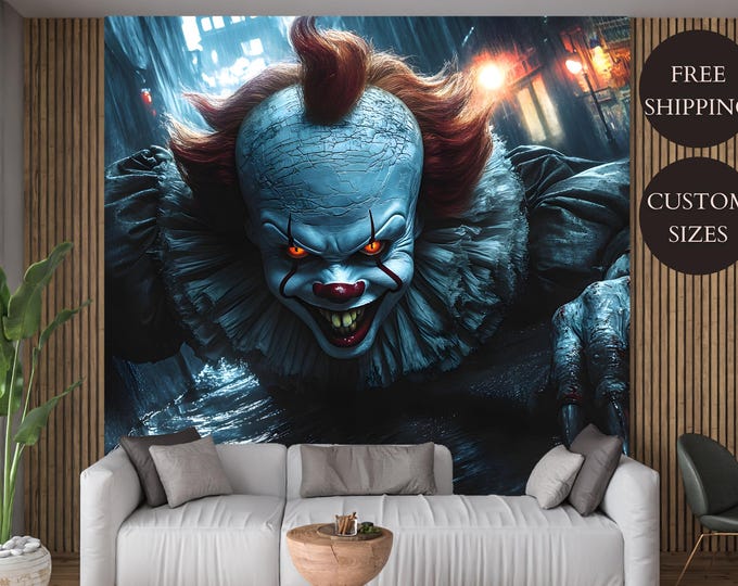 It Creepy Clown Halloween Decoration Penny wise Wallpaper Mural Decal Peel and Stick for Horror Lovers,Movie Room, or Party Decor