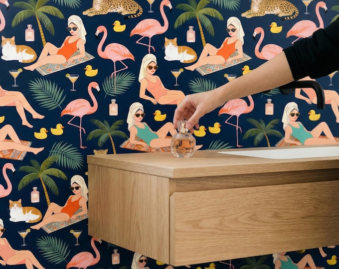 Tropical Glam Flamingo Wallpaper Mural with Women, Flamingos, Leopards, Cats, Cocktails, Pool Party Style