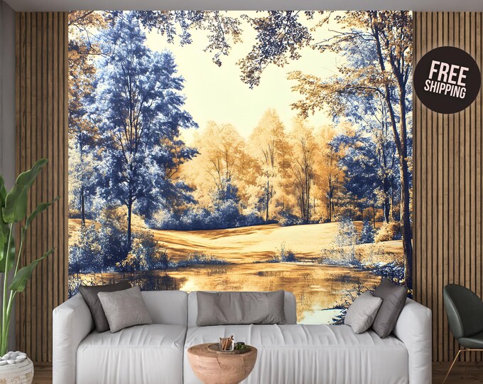 Golden Autumn Forest Landscape Peel and Stick Wallpaper Mural Decal– Trees and Reflections for Bedroom, Living Room, or Office Accent Decor