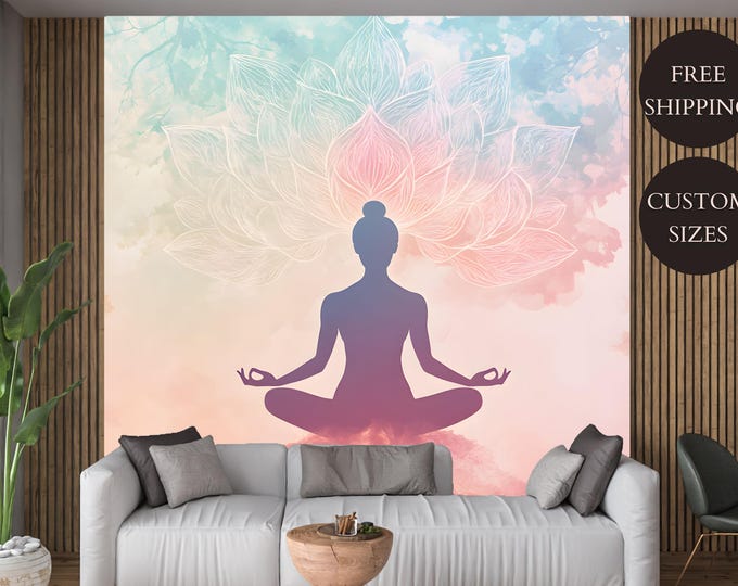 Spiritual Lotus Meditation Yoga Wallpaper Mural Decal – Mindfulness Peel and Stick Wallpaper for Calm and Relaxation for Home or Studio