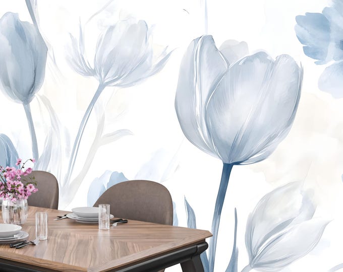 Blue Watercolor Floral Wallpaper – Tulip and Blossom Wall Mural, Soft Modern Botanical Wall Art for Bedrooms & Living Spaces
