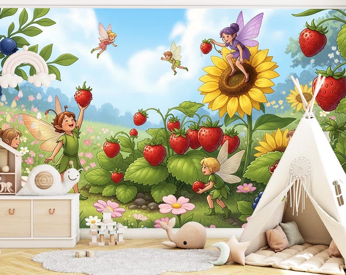 Fairy Garden Wallpaper Mural, Enchanted Woodland Kids Room Decor, Peel and Stick Strawberry & Sunflower Wall Art for Nursery or Playroom