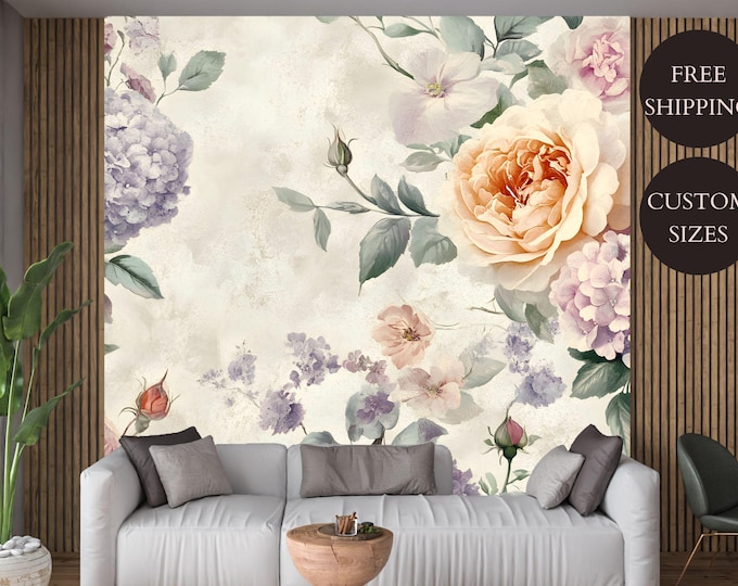Vintage Pastel Pink Floral Peel and Stick Wallpaper Mural Decal – Roses and Hydrangeas Wall Art for Living Room, Nursery or Bedroom Décor