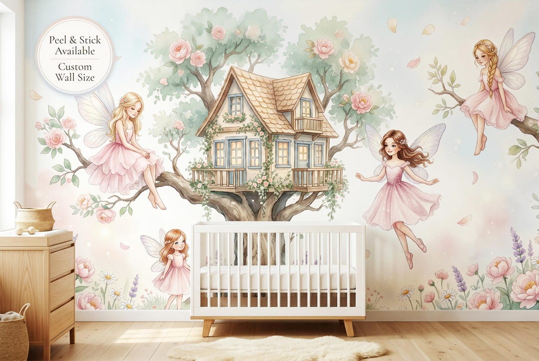 Fairy Treehouse Peel and Stick Mural, Watercolor Pink Rose Girls ...