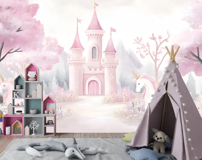 Enchanted Pink Fairy Tale Castle with Unicorns for Princesses – Peel and Stick or Traditional Wallpaper Mural