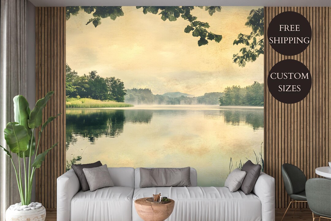 Vintage Forest Lake Peel and Stick Wallpaper Mural: Tranquil Landscape ...