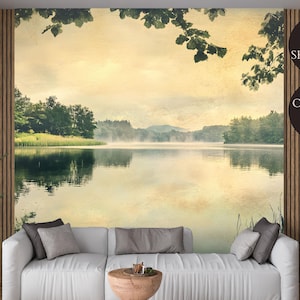 Vintage Forest Lake Peel and Stick Wallpaper Mural: Tranquil Landscape