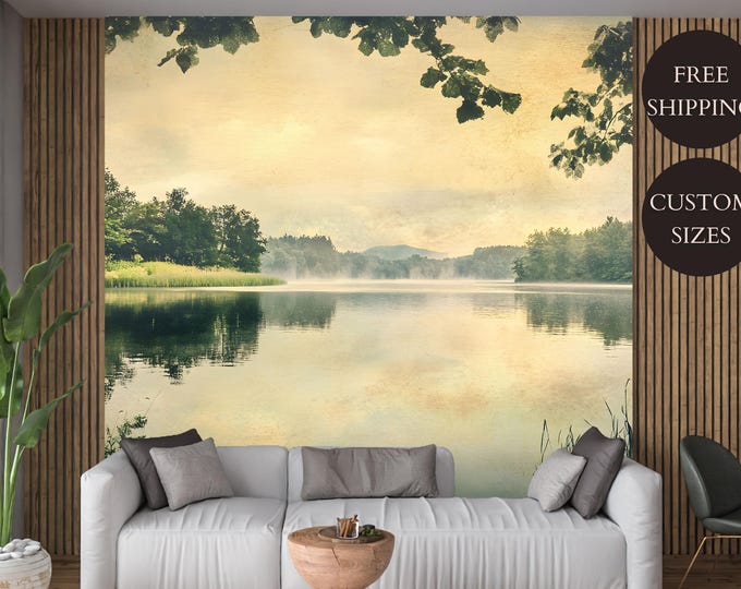 Vintage Forest Lake Landscape Peel and Stick Wallpaper Mural Decal – Lake and Forest Landscape for Living Room, Bedroom, or Office Décor
