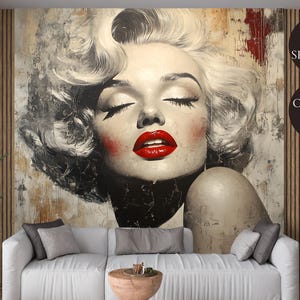 Carta da parati murale con ritratto di Marilyn Monroe in stile retrò e vintage, da staccare e attaccare o in carta non tessuta per un arredamento in stile retrò.