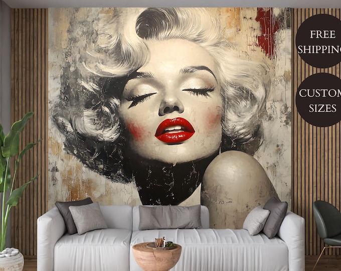 Textured Retro Vintage Marilyn Monroe Portrait Mural Wallpaper Decal - Peel and Stick or Non-Woven Paper for for Retro Style Home Decor