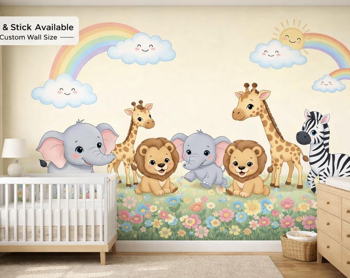 Safari Baby Animals Peel and Stick Mural, Rainbow Yellow Neutral Nursery Wallpaper