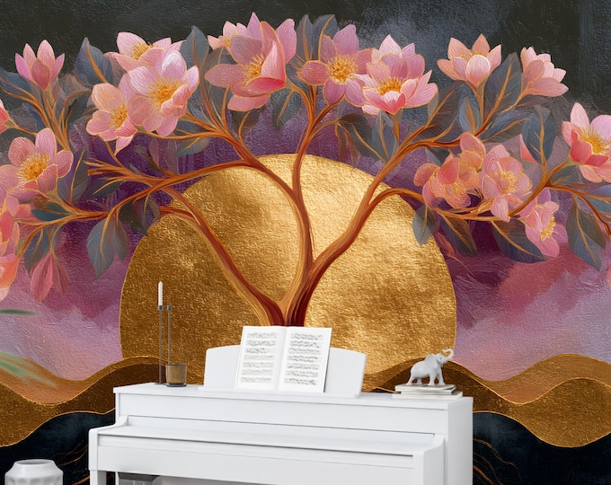 Tree of Life Wall Mural – Gold Sun Floral Peel & Stick Wallpaper, Removable or Paste, Boho Spiritual Wall Art for Bedroom or Meditation Room