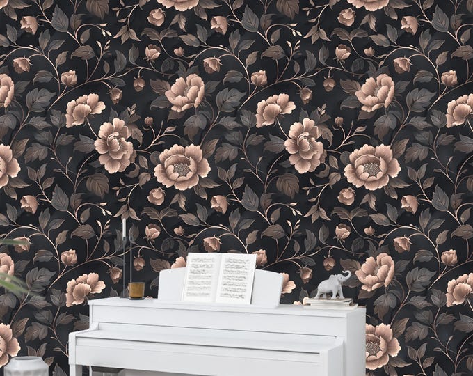 Moody Peony Wallpaper Mural, Luxury Vintage Floral Peel and Stick, Dark Romantic Accent Wall, Neutral Beige and Black Wall Decor