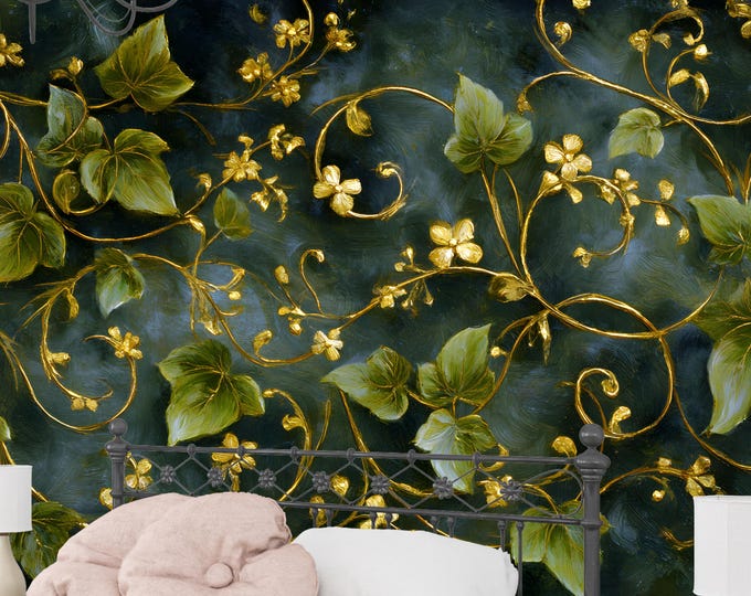 Dark Green Botanical Wallpaper – Ivy Floral Peel & Stick Mural, Removable or Paste, Luxury Green Wall Decor for Bedroom or Living Room