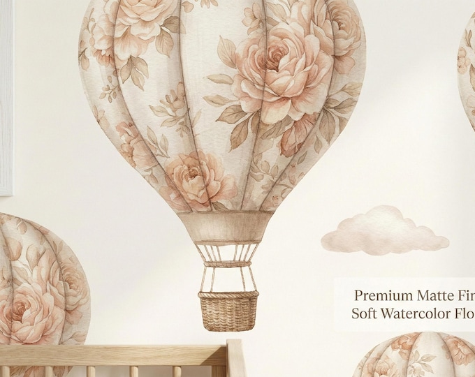 Floral Hot Air Balloon Wallpaper Peel and Stick, Blush Peach Roses, Vintage Nursery Decor