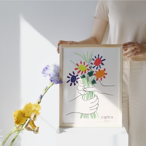 Buquê de flores da paz de Picasso, exposição pôster de arte de linha vintage, desenho de linha minimalista, decoração de casa ideal ou impressão de presente, impressão de arte de parede