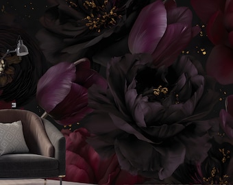 Moody Floral Wallpaper: Dark Black Peony Peel and Stick Wall Mural