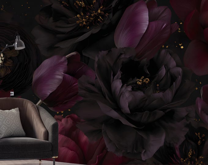 Moody Black Peony Wallpaper – Dark Floral Peel and Stick Wall Mural for Bedroom & Living Room