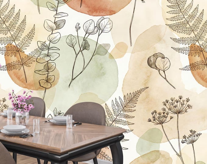 Boho Botanical Wall Mural – Vintage Fern & Wildflower Wallpaper