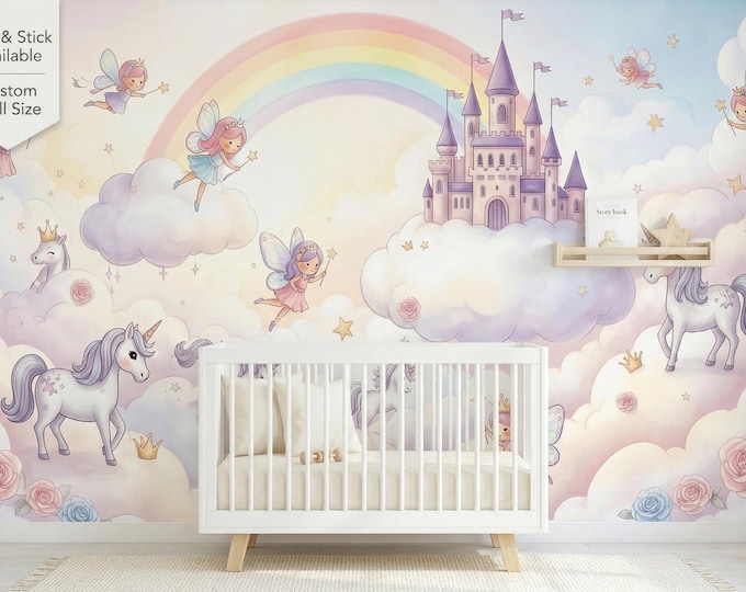Fairy Princess Unicorn Peel & Stick Wallpaper, Pastel Cloud Castle Girls Nursery