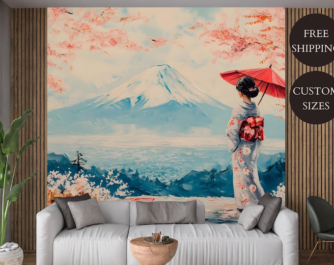 Japanese Cherry Blossom Mount Fuji Wall Mural Wallpaper Decal – Peel and Stick or Non-Woven Paper for Elegant Asian-Inspired Home Decor