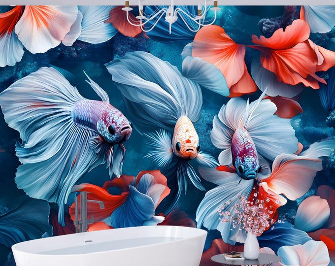 Underwater Betta Fish Wallpaper Wall Mural, Ocean Blue Peel and Stick or Traditional, Artistic Water Inspired Accent Wall Decor
