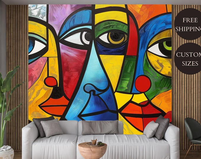 Modern Colorful Picasso Abstract Peel and Stick Wallpaper Mural Decal - Accent Canvas Wall Decor for Your Home