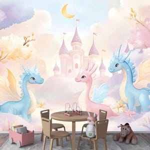 Fairy Tale Castle Dragon Peel and Stick Wallpaper Mural – Whimsical and Pastel Forest Decor
