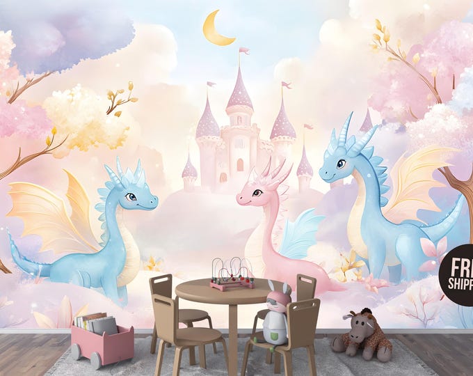 Fairy Tale Castle Dragon Peel and Stick Wallpaper Mural – Whimsical and Pastel Forest Decor