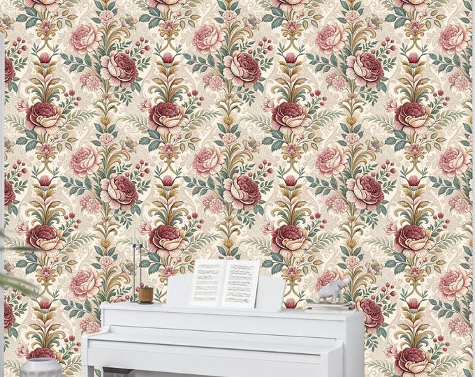 Vintage Floral Wallpaper Beige and Pink Peony Removable Peel and Stick Wall Covering for Bedroom and Living Room Decor