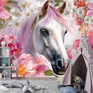 Carta da parati murale con motivo floreale a cavallo fantasy per camerette di bambine, decorazione con unicorno rosa, design con animali e fiori da sogno