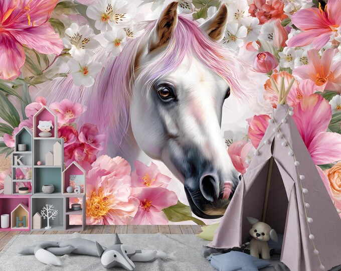 Fantasy Horse Floral Girls Room Wallpaper Mural, Pink Unicorn Decor,Dreamy Animal and Flower Design