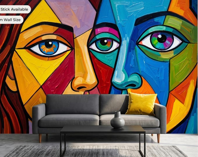 Cubist Portrait Colorful Abstract Wallpaper Mural, Modern Art Peel and Stick