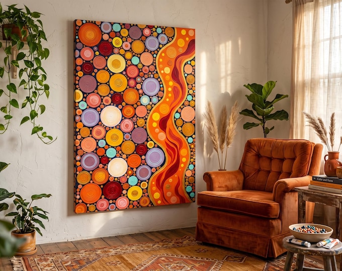 Abstract Concentric Circles Orange Impasto Poster Print, Vibrant Dot Art Canvas