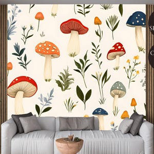 Carta da parati murale con funghi stravaganti da staccare e attaccare, decorazione botanica con funghi della foresta per cameretta o asilo nido, tela, vinile o carta non tessuta