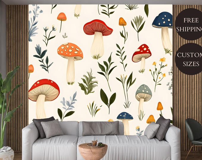 Whimsical Mushroom Peel and Stick Wallpaper Mural , Botanical Forest Fungi Decor for Kids Room or Nursery, Canvas, Vinyl or Non Woven paper