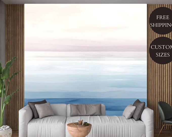 Blue Pastel Coastal Ocean Peel and Stick Wallpaper Mural - Gradient Wall Art in Blue and Beige, Canvas or Vinyl Wallpaper for Coastal Decor