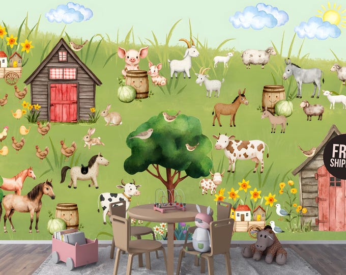 Farmhouse Nursery Wallpaper | Gender Neutral Barnyard Animals Peel and Stick | Cute Cow, Horse,Pig Wall Mural for Playroom | Kids Room Decor