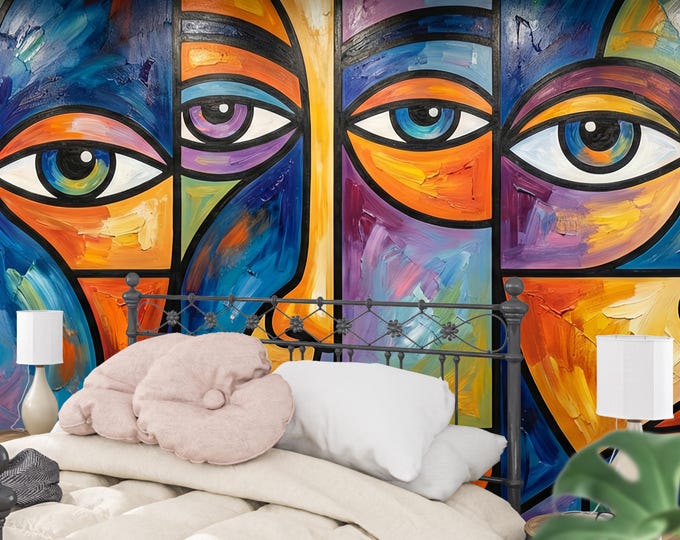Abstract Cubist Faces Wallpaper Mural - Colorful Modern Art Peel and Stick Decor