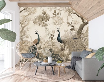 Chinoiserie-Tapete | Aquarell majestätischer Pfau Chinoiserie Wandgemälde | Stimmungsvoller Pfauengarten