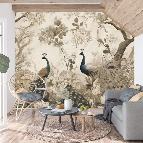 Chinoiserie Wallpaper | Watercolor Majestic Peacock Chinoiserie Wall Mural | Moody Peacock Garden