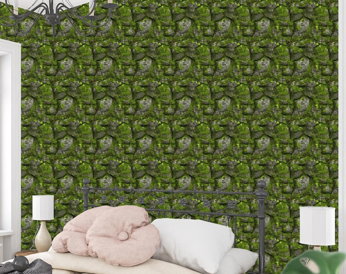 Green Mossy Stone Texture Wall Wallpaper Mural, Rustic Home Decor, 3D Effect Stone Peel and Stick or Traditional Wallpaper