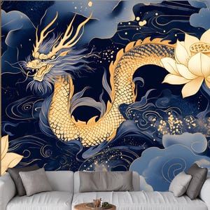 Dragon and Lotus Wallpaper Mural: Gold Asian Wall Art (Peel & Stick or Prepasted)