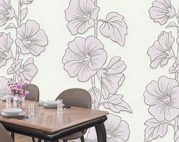 Vintage Mauve Floral Wallpaper, Vertical Botanical Stripe, Cottagecore Nursery Peel and Stick