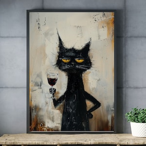 Poster o stampa su tela di gatto nero sarcastico Arte murale - Just a Glass, regalo perfetto per gli amanti dei gatti e del vino